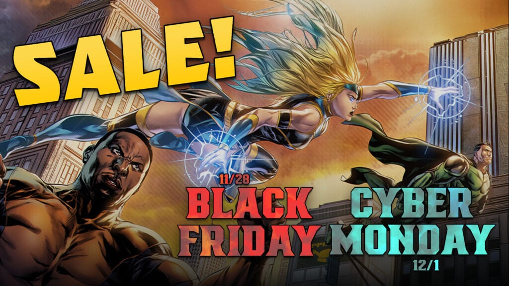 Superhero-themed Black Friday sale announcement