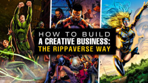 Comic characters promoting creative business guide